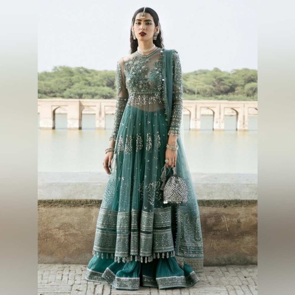 Hussain‎ Rehar Safeena Teal Blue Pishwas Dress